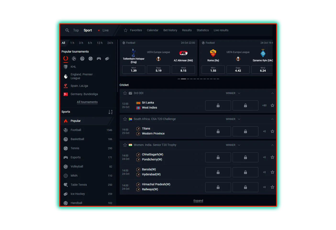 Selecting sports and events